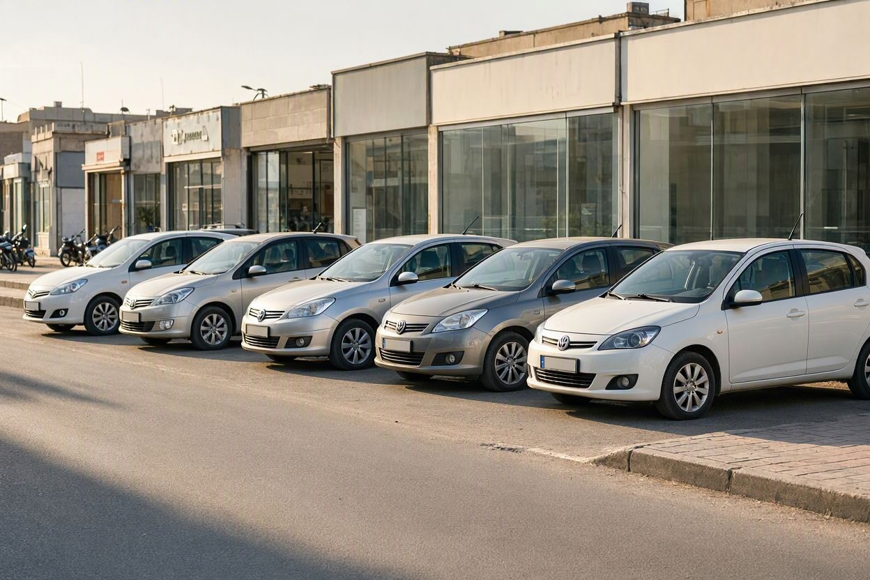 ردیف خودروهای دست دوم جلوی نمایشگاه‌های ماشین در یک خیابان شرق تهران در نور صبح