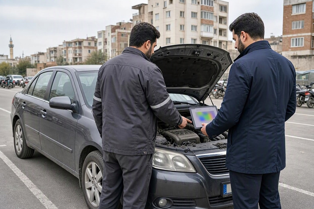 خریدار و کارشناس کنار کاپوت باز یک سدان دست دوم گزارش کارشناسی را روی تبلت مرور می‌کنند