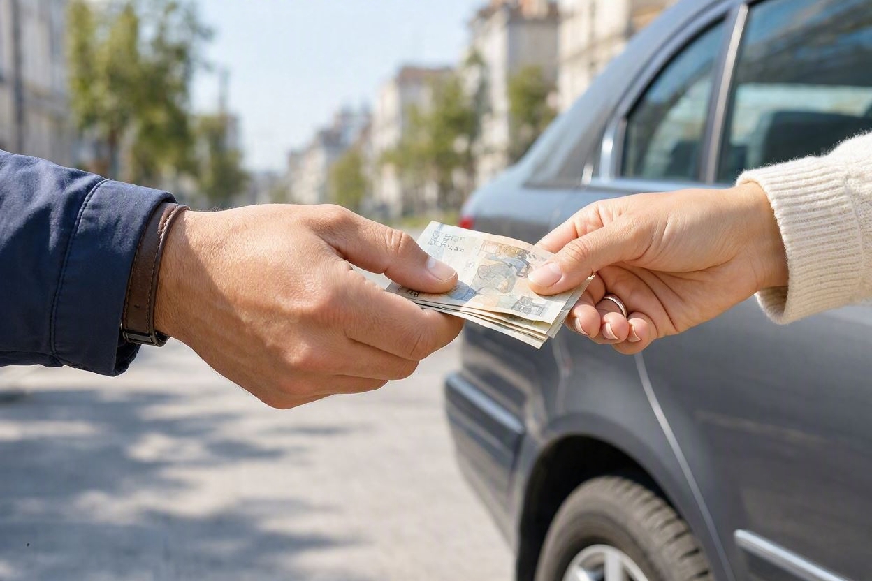 خریدار در حال پرداخت بیعانه نقدی کنار خودرو پیش از تنظیم قرارداد