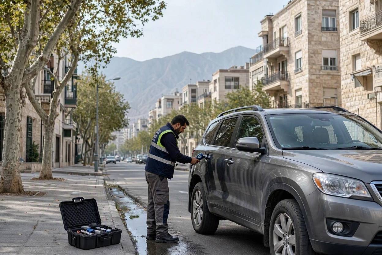 کارشناس رنگ با ضخامت سنج در حال اندازه گیری گلگیر یک شاسی بلند در خیابان مسکونی تهران