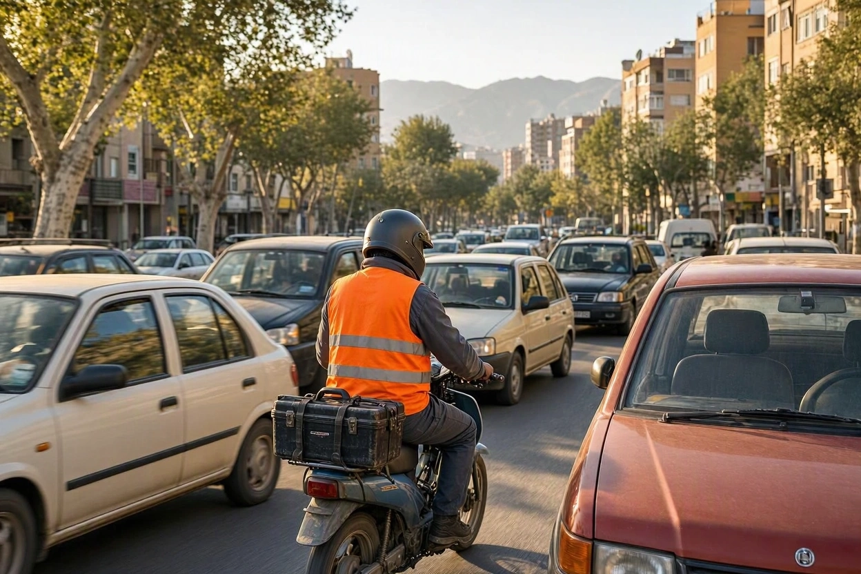کارشناس سیار خودرو با موتورسیکلت و کیف ابزار در ترافیک خیابان تهران در مسیر محل کارشناسی