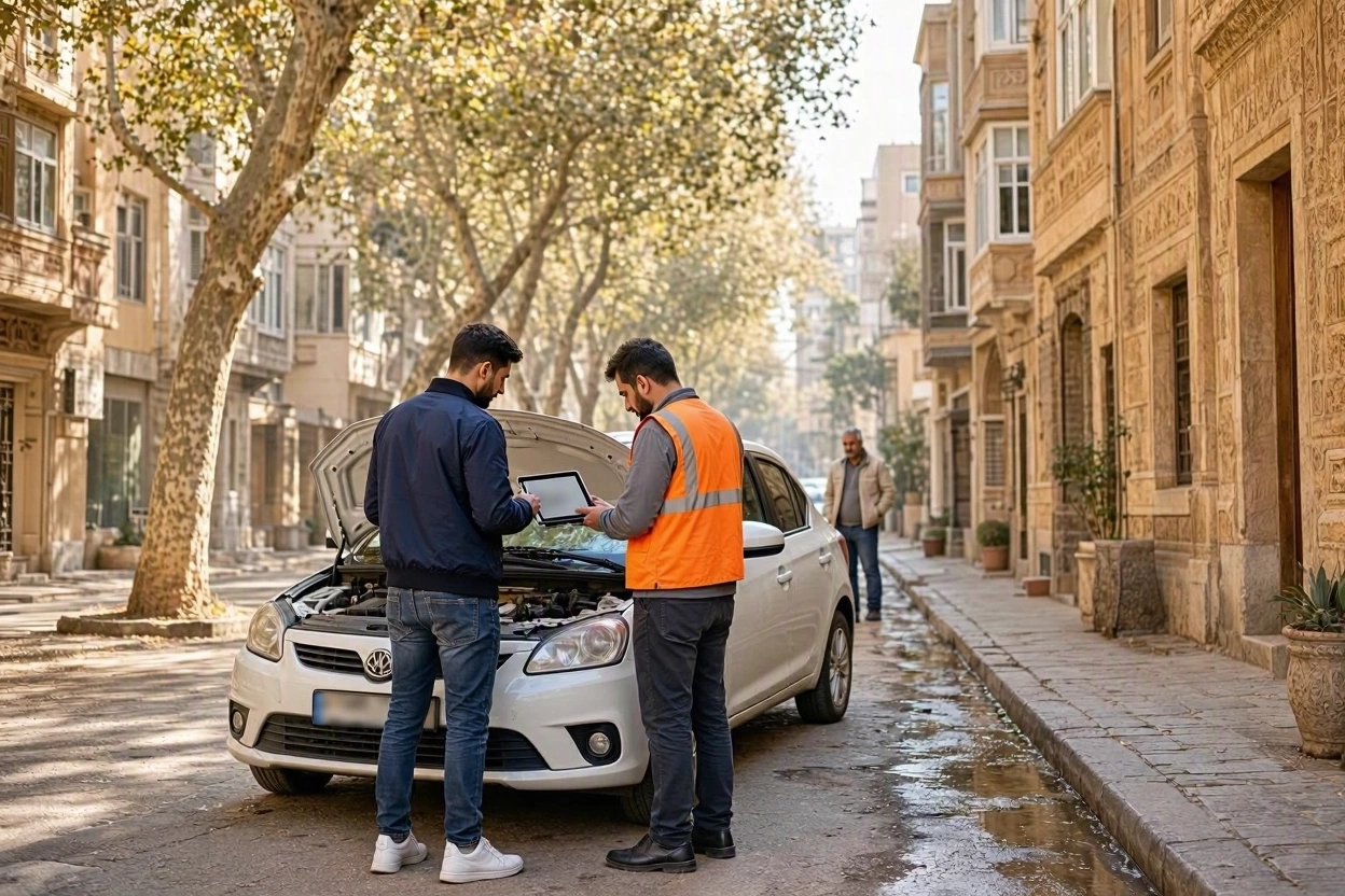 خریدار در کنار کارشناس خودرو در حال مرور گزارش کتبی کارشناسی روی تبلت کنار خودرو
