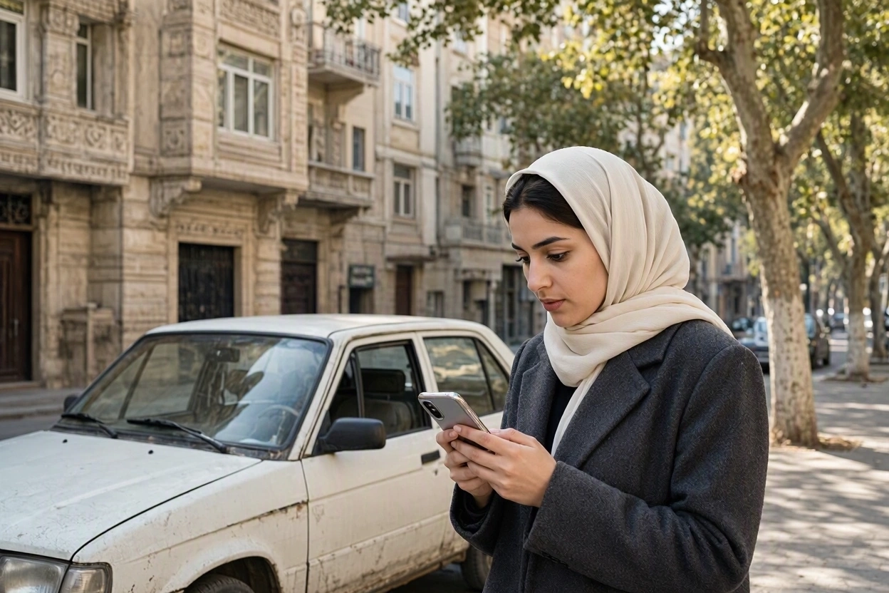 خریدار در خیابان مسکونی تهران با گوشی همراه در حال ثبت درخواست کارشناسی و هماهنگی با فروشنده